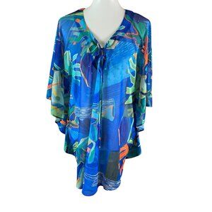 Dolcezza Art Simply Abstract Print Sheer Boho Resort Tunic‎ Top Blue Vibrant S